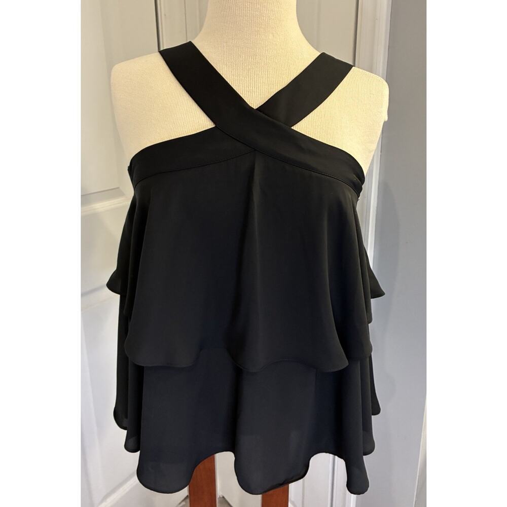 AQUA NWT Black Tiered Ruffle Crossover Halter Top Size XS